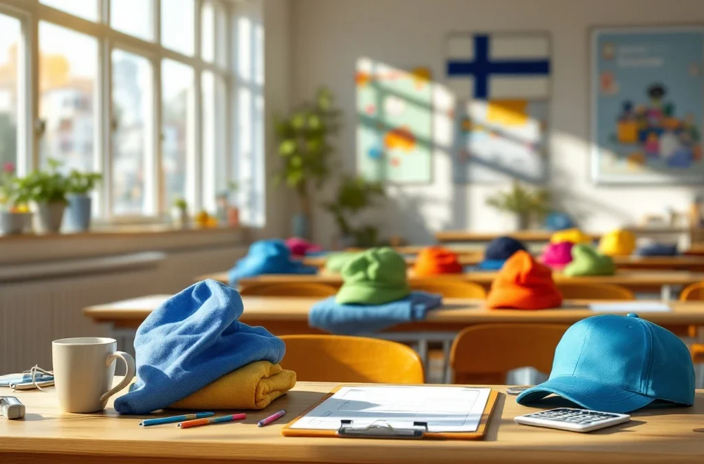 Valoisa suomalainen luokkahuone, jossa oppilaiden pöydillä on siististi aseteltuja tekstiilituotteita varainkeruuta varten. Aurinko paistaa ikkunoista luoden toiveikkaan tunnelman.
