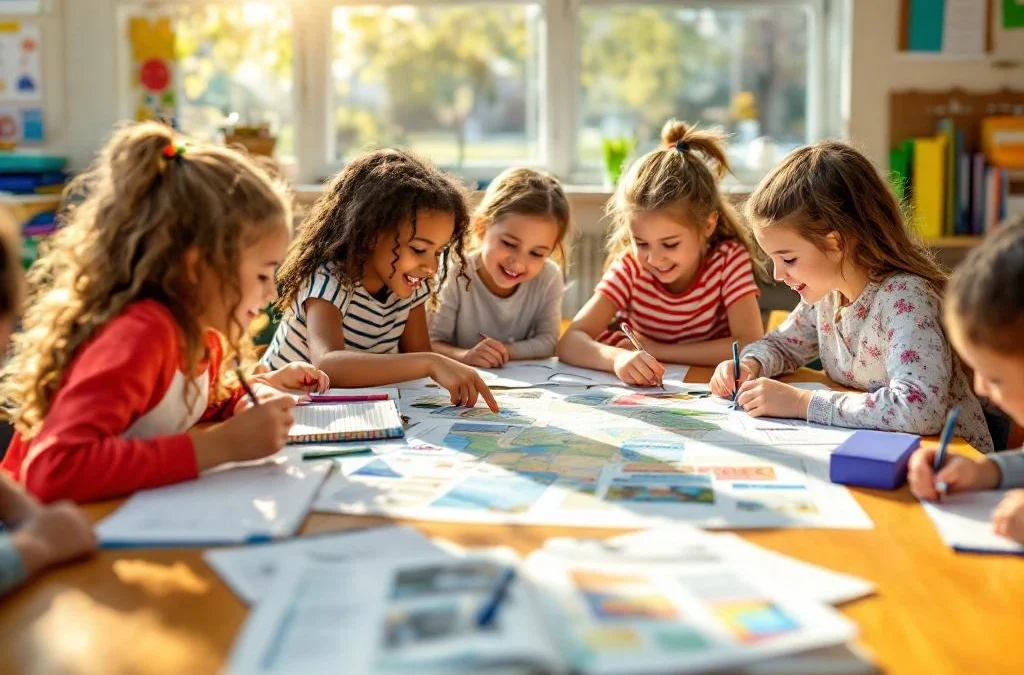 Koululaiset suunnittelevat innostuneesti luokkaretkeä aurinkoisessa luokkahuoneessa esitteiden, karttojen ja rahalippaan ympärillä.